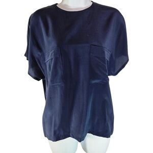 Vtg Blue Navy Silk Short Sleeve Blouse